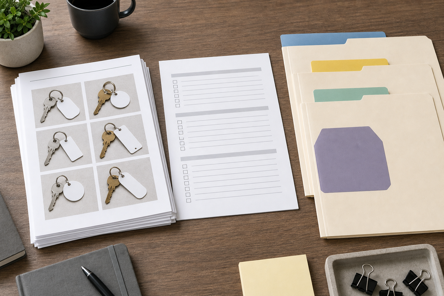 Organized property handover packet with cleaned key tag images and PDF pages