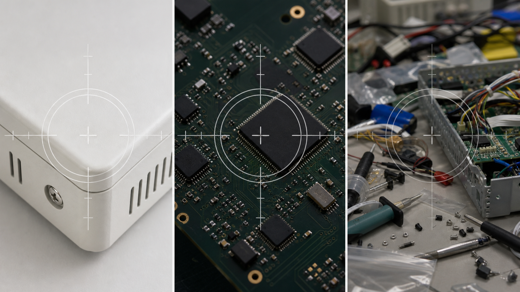 Comparison of transparent reticle overlays on light, dark, and busy hardware photos