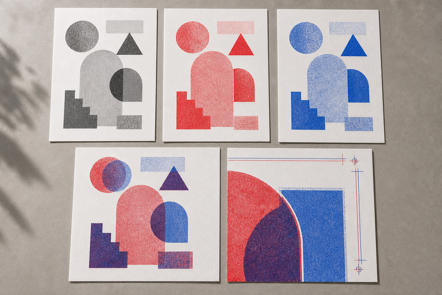 Five-sheet Risograph proof set showing source artwork, two separate ink layers, an overprint preview, and a registration detail