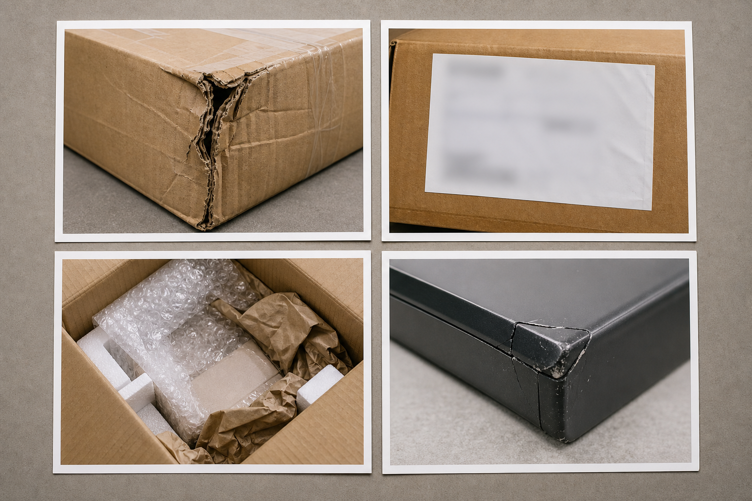Four-photo damaged package evidence set with box exterior, shipping label area, inner packaging, and damaged product closeup