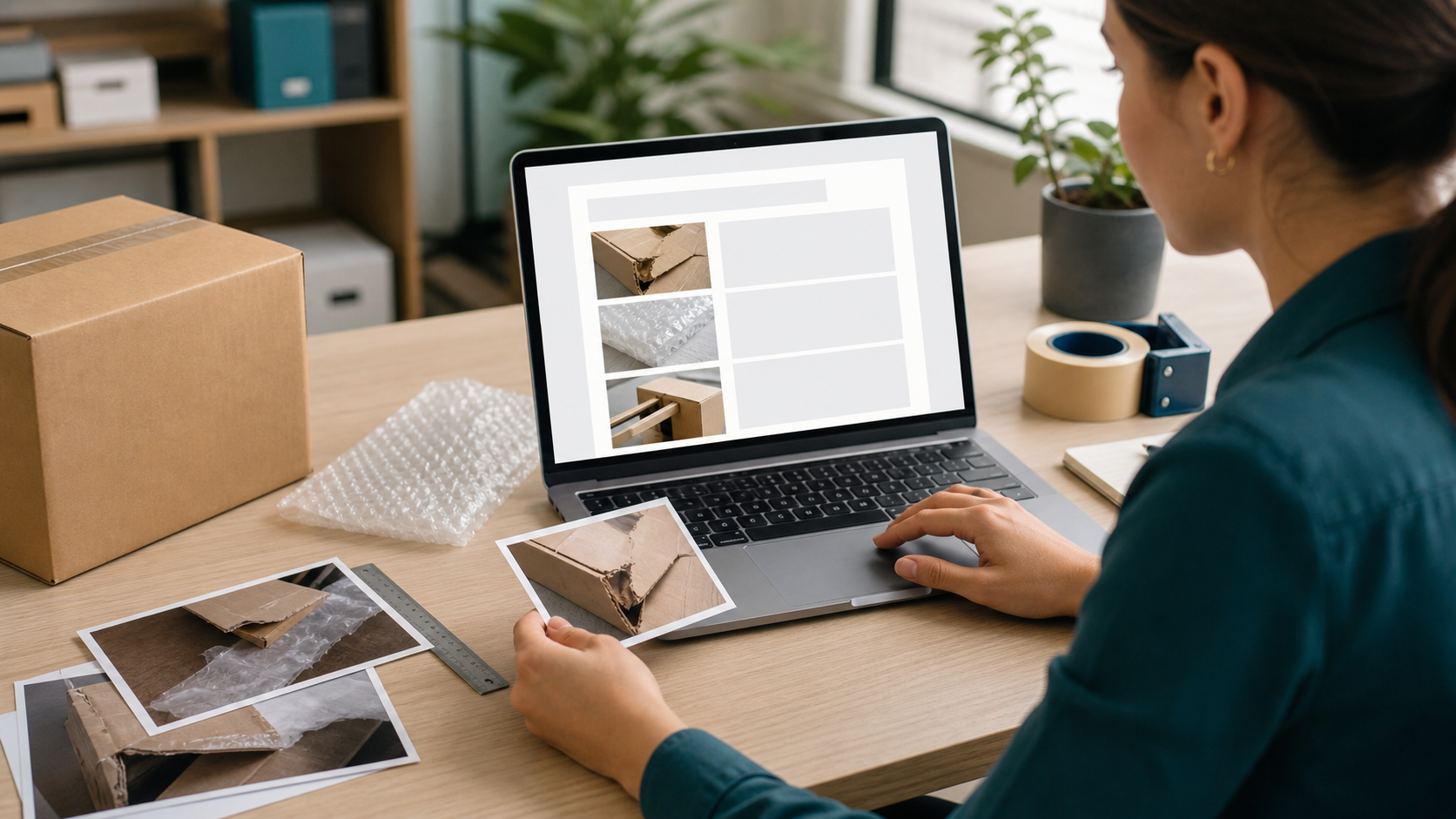 Support agent organizing damage claim images into a clean PDF packet on a laptop