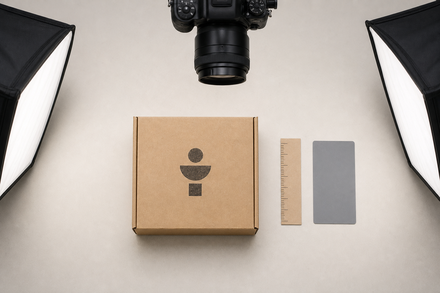 Overhead capture station with a stamped kraft box aligned beside a ruler and neutral reference card