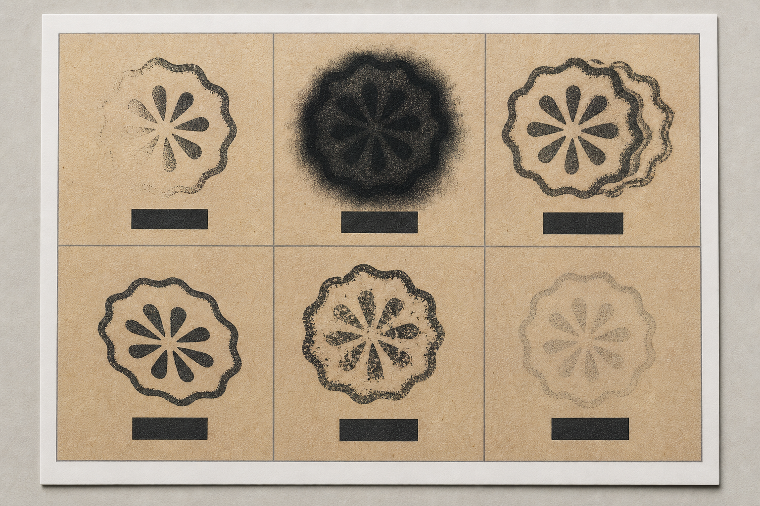 Example proof sheet layout containing six close-up photographs of packaging stamp impressions