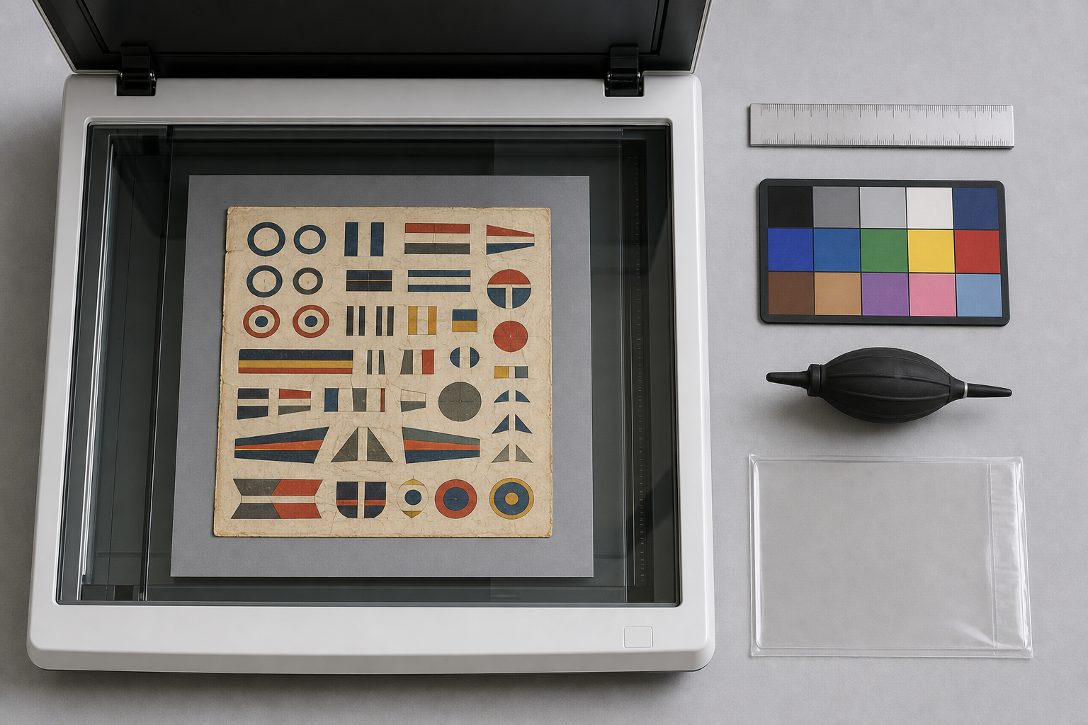 Flatbed scanner setup with a fragile scale model decal sheet, neutral backing, ruler, and color reference card