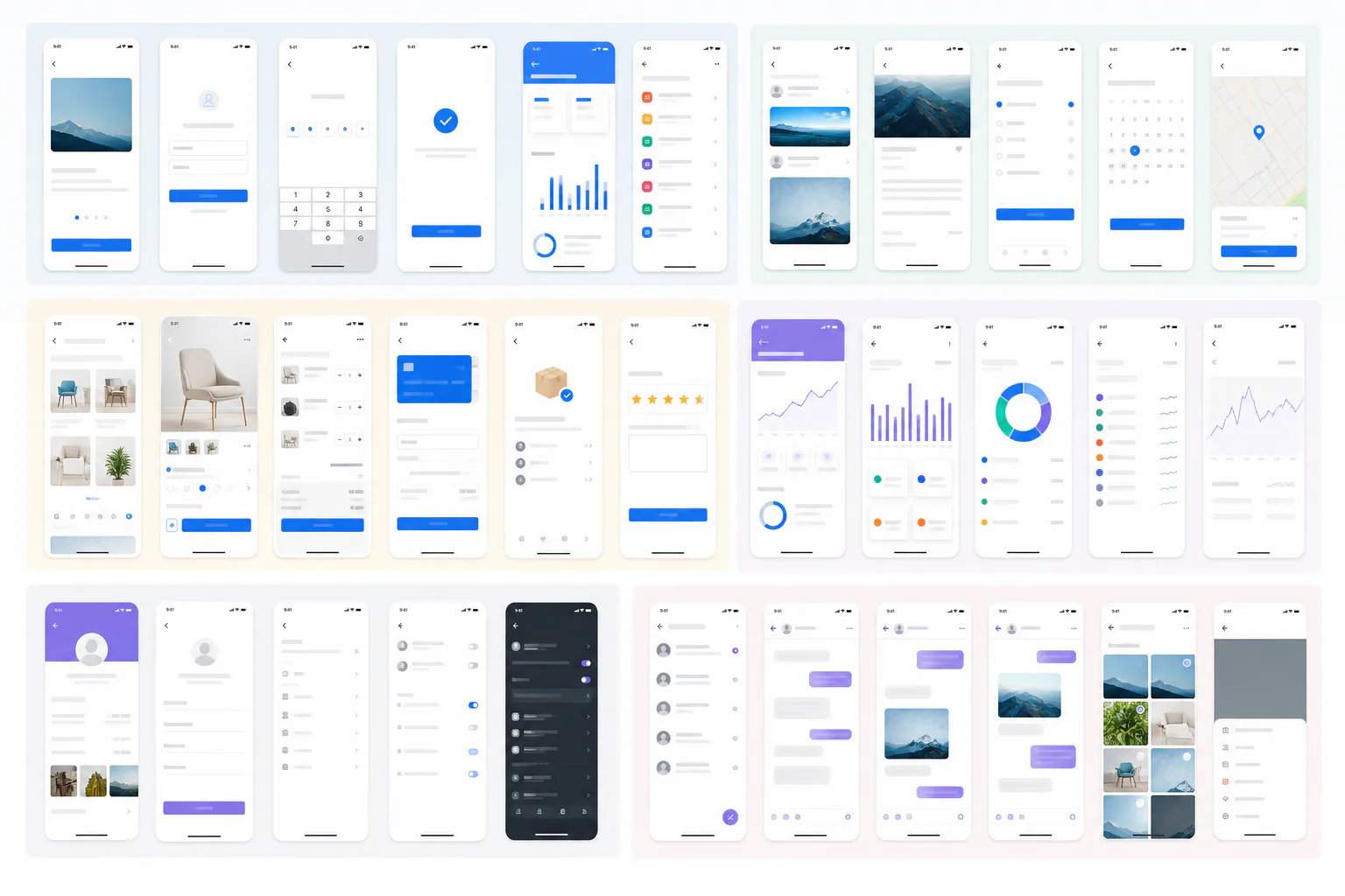 A neatly arranged grid of mobile app screenshots with consistent spacing and simple visual grouping