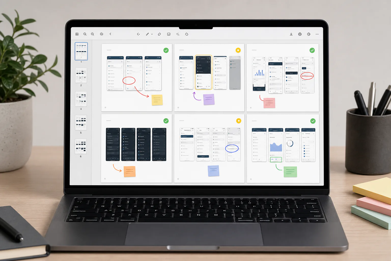 A compact PDF review packet with screenshot grids and visual annotations prepared for QA approval