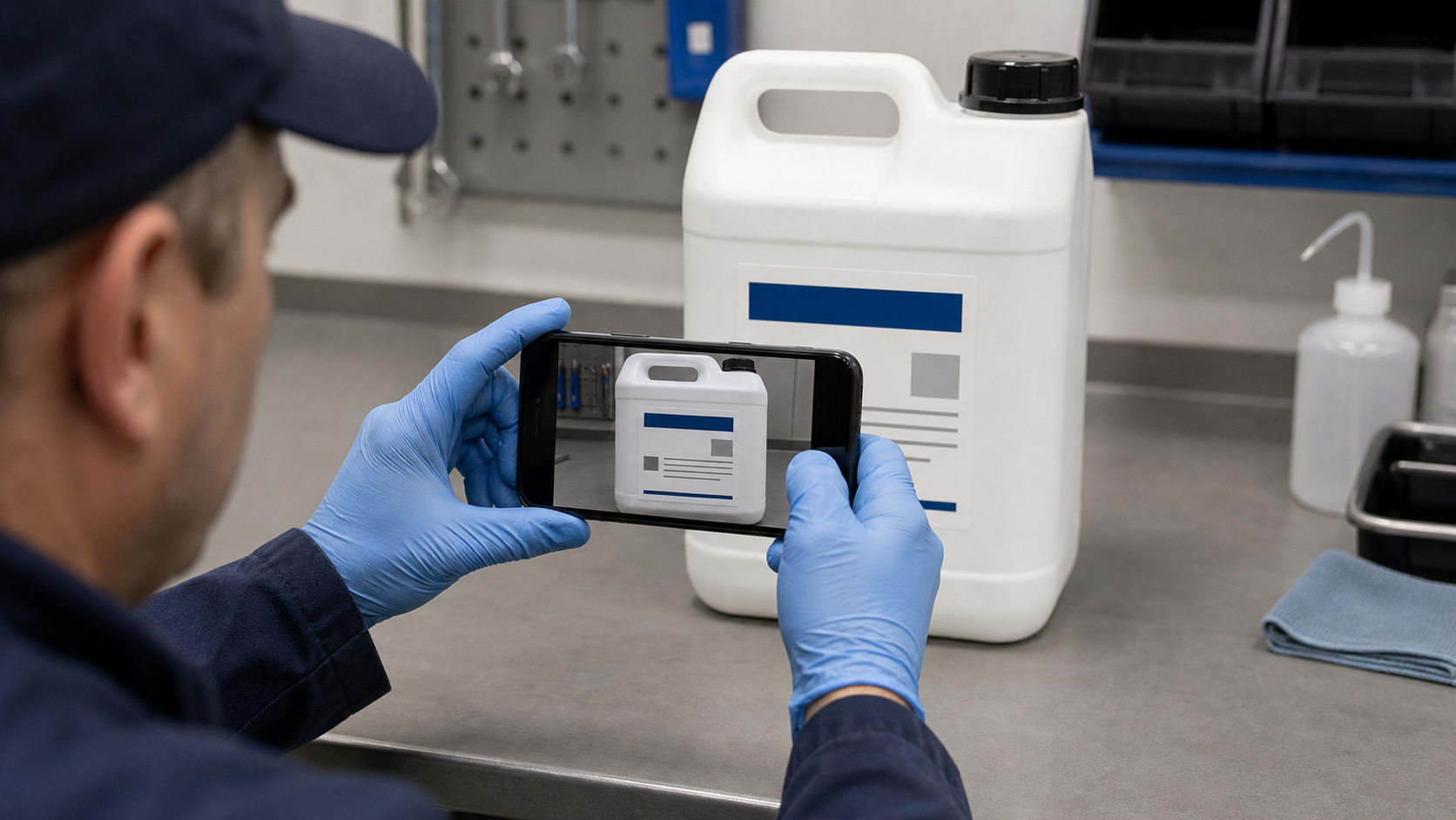 Maintenance worker photographing a chemical container label square-on under even light