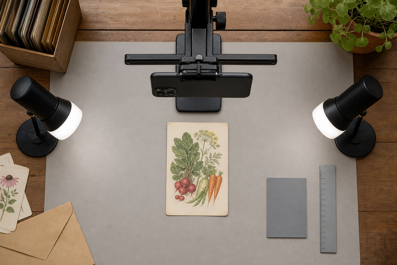 Overhead seed packet photography setup with two lights and a neutral background