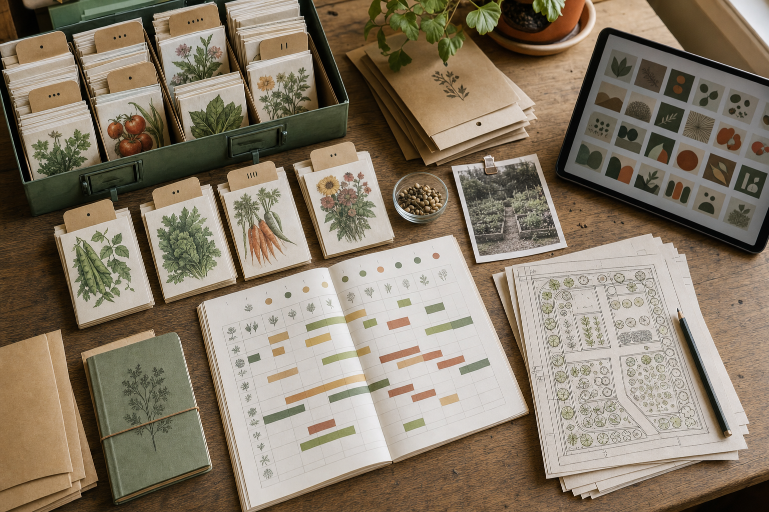 Organized digital seed archive represented by packets, structured folders, and garden notes