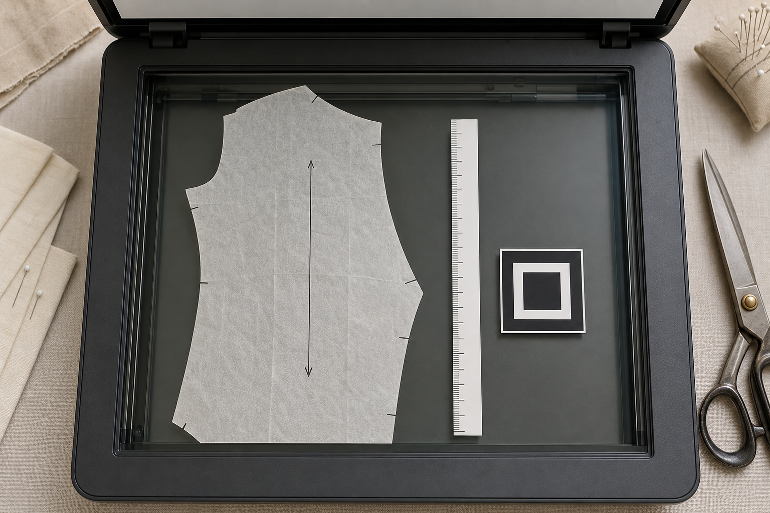 Sewing pattern piece positioned on a scanner beside a metric ruler and square calibration marker