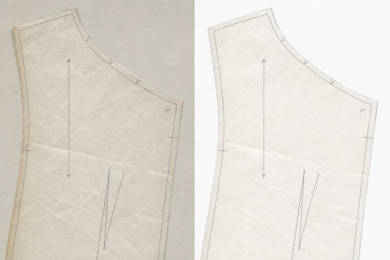 Split-screen comparison of a raw sewing pattern scan and a carefully cleaned version retaining fine markings