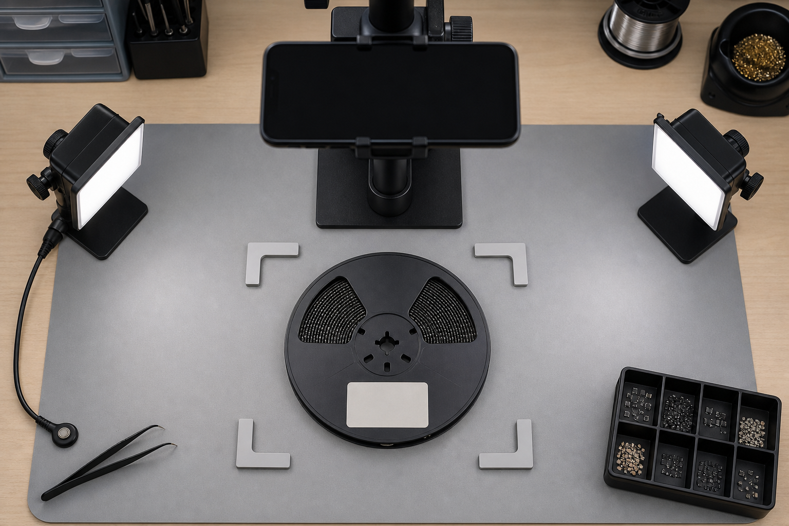 Overhead SMD reel label photography station with a phone, diffused lights, neutral backing, and alignment guides