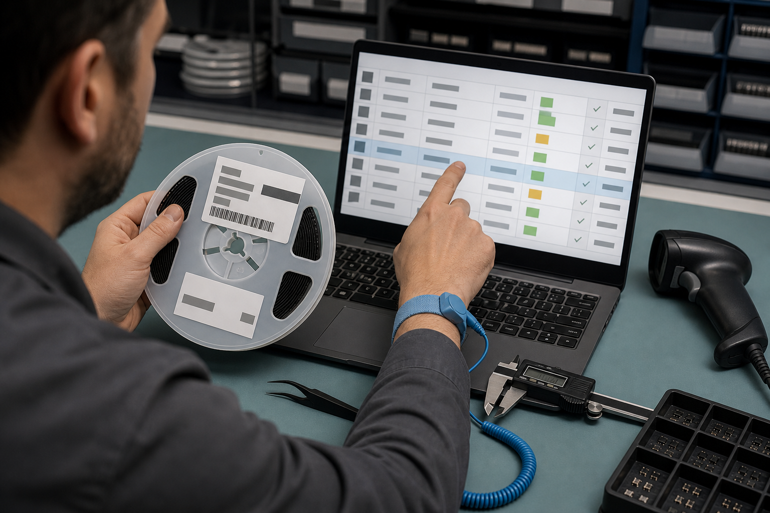 Technician comparing an SMD reel label photograph with a structured electronic component inventory record