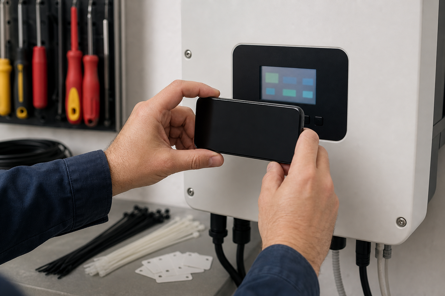 Technician holding a phone square to a solar inverter display to reduce glare