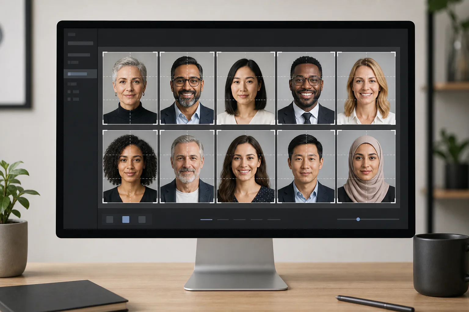 Grid of consistent conference speaker headshots with matching crop guides and neutral backgrounds