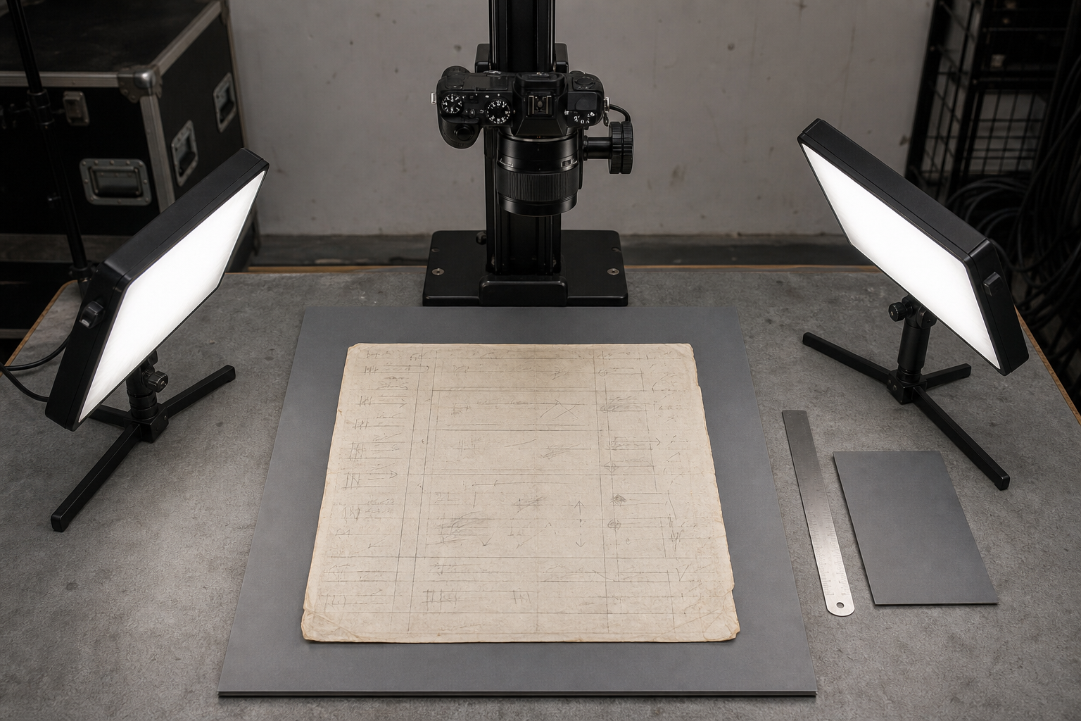 Overhead camera setup photographing a stage lighting cue sheet with two lights positioned at opposing angles