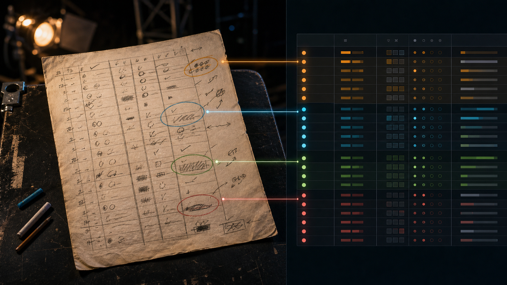 Split visual showing an original lighting cue sheet beside a clean structured digital cue record