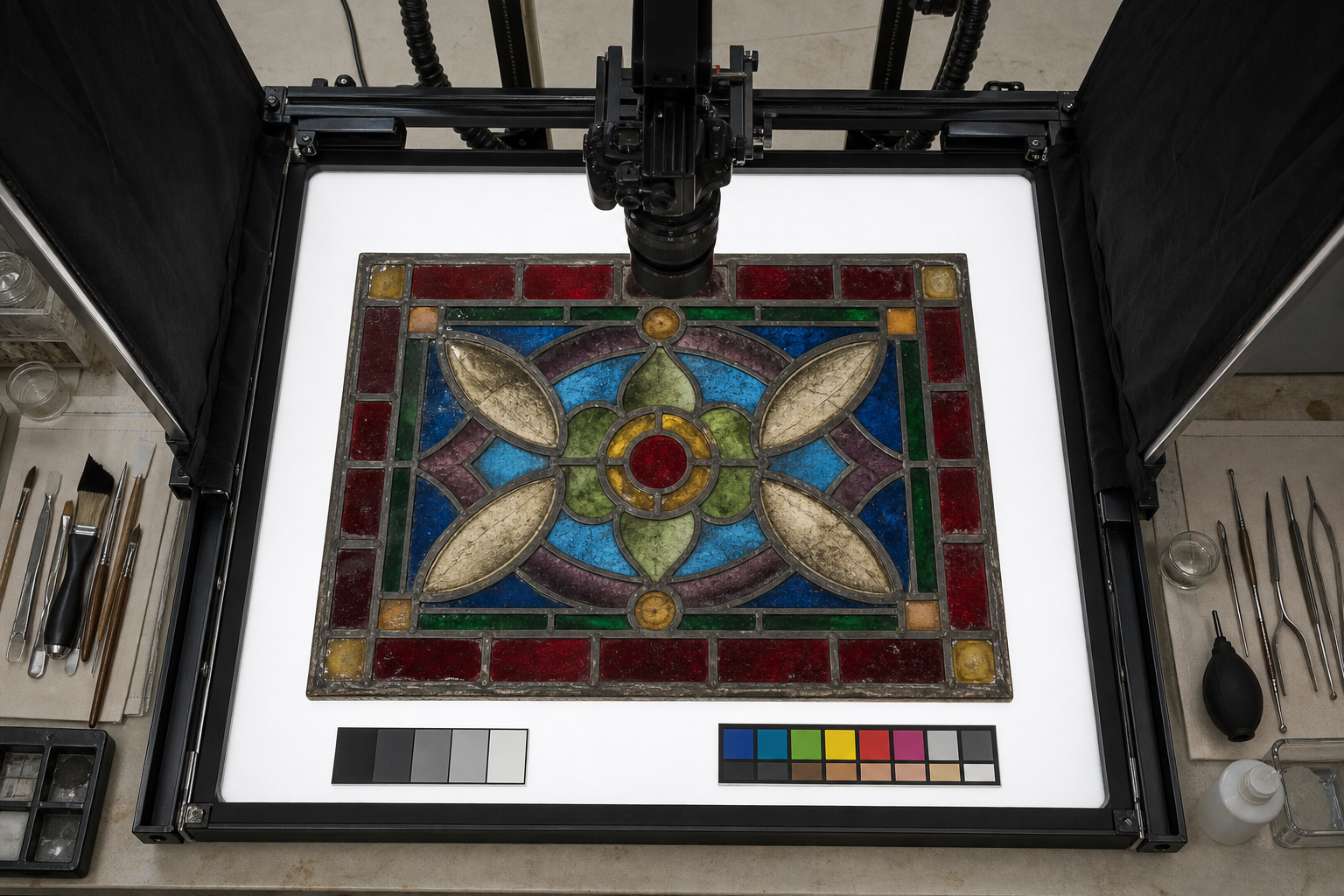 Overhead camera station photographing a stained glass panel with a scale and color reference card