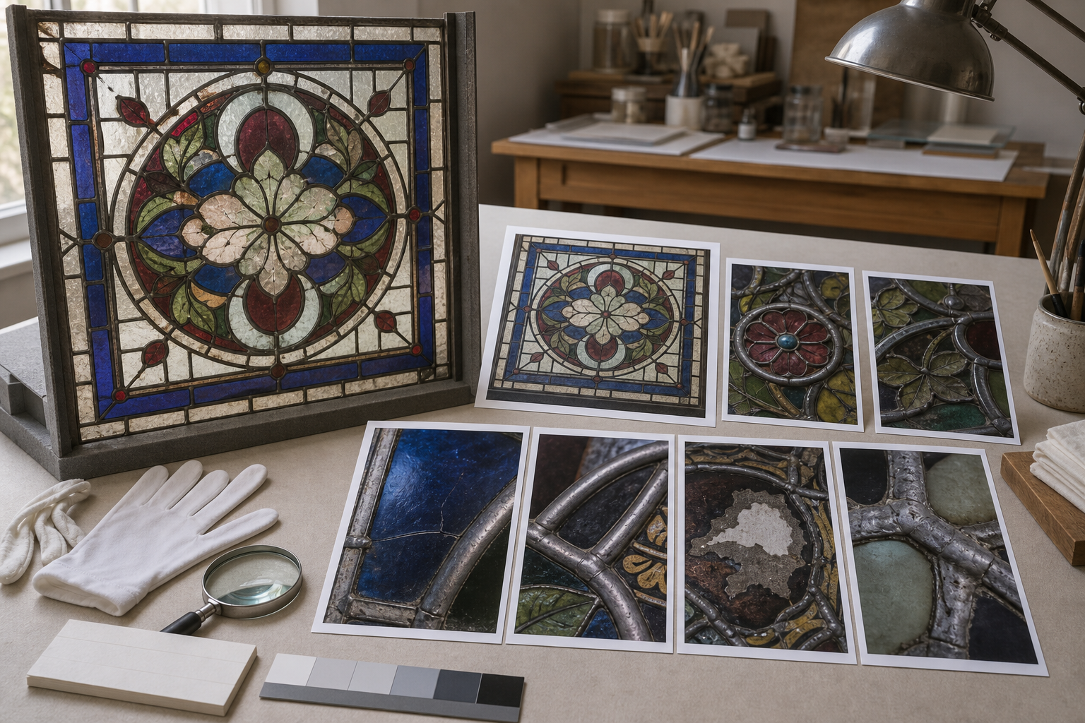 Stained glass panel documented with overview, zone, and close detail photographs