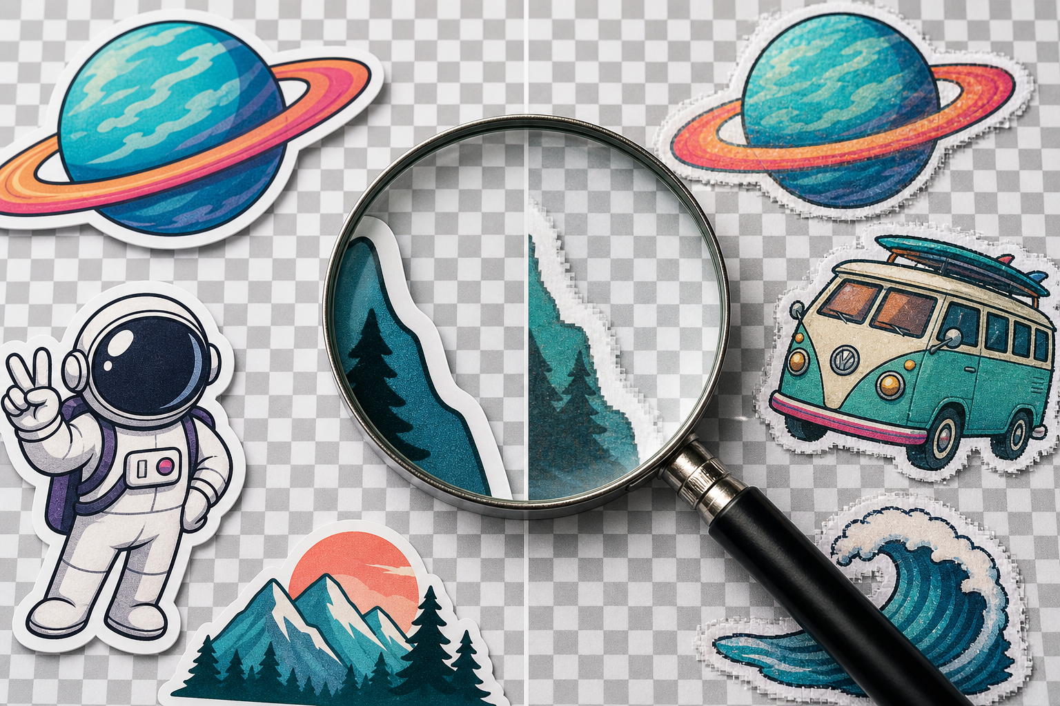Close-up comparison of sticker artwork edges showing clean transparent borders and flawed halo artifacts