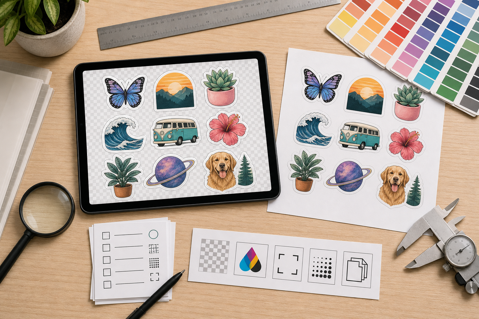 Organized print-on-demand sticker sheet review station with digital files, proofs, and export checks