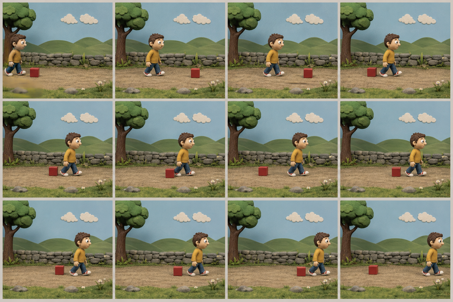Sequence of stop-motion frames showing a miniature character and prop positions at regular intervals