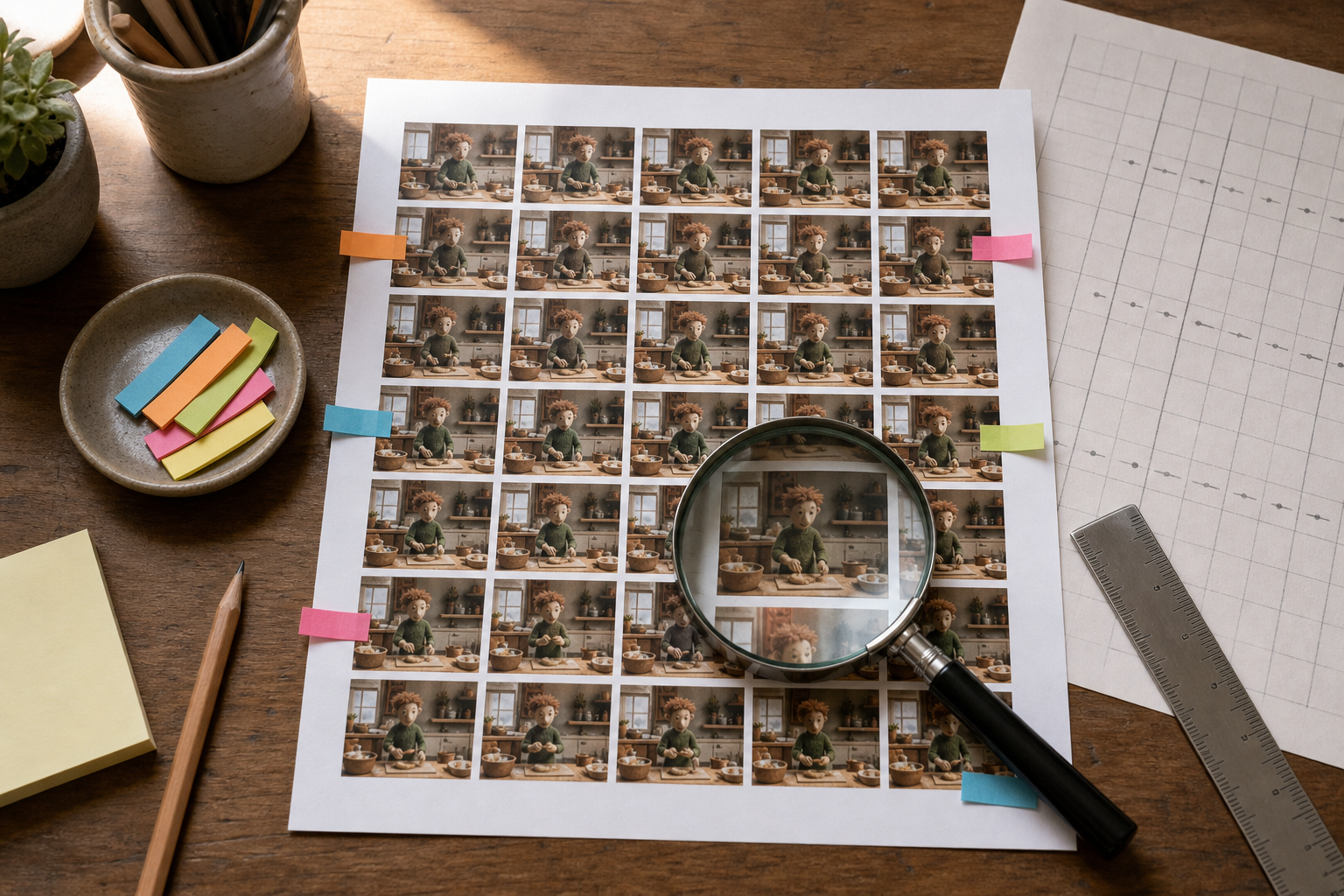Printed stop-motion contact sheet being reviewed with a magnifier and removable markers