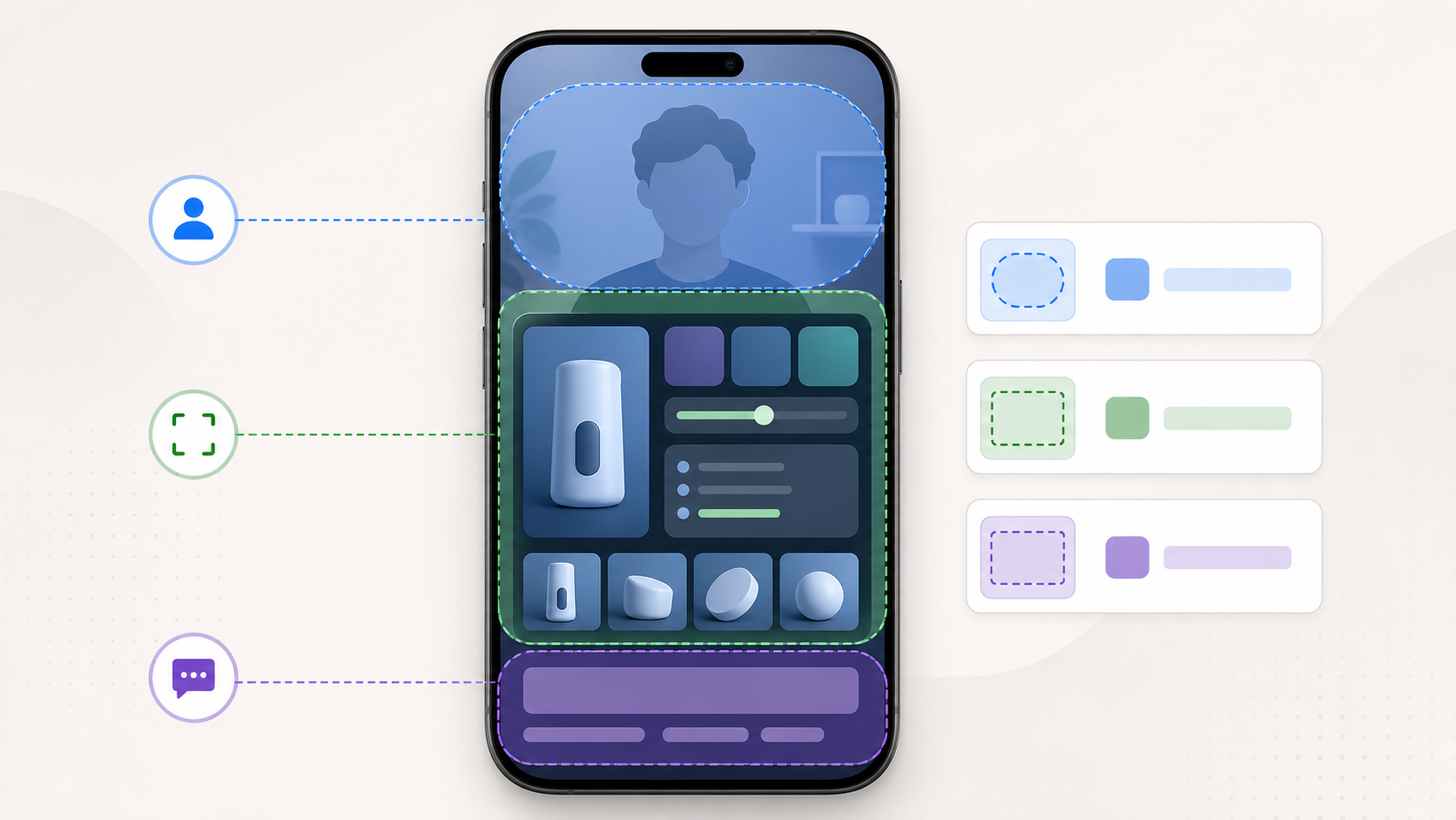 Diagram-style vertical phone frame showing safe areas for subtitles, faces, and product interface elements