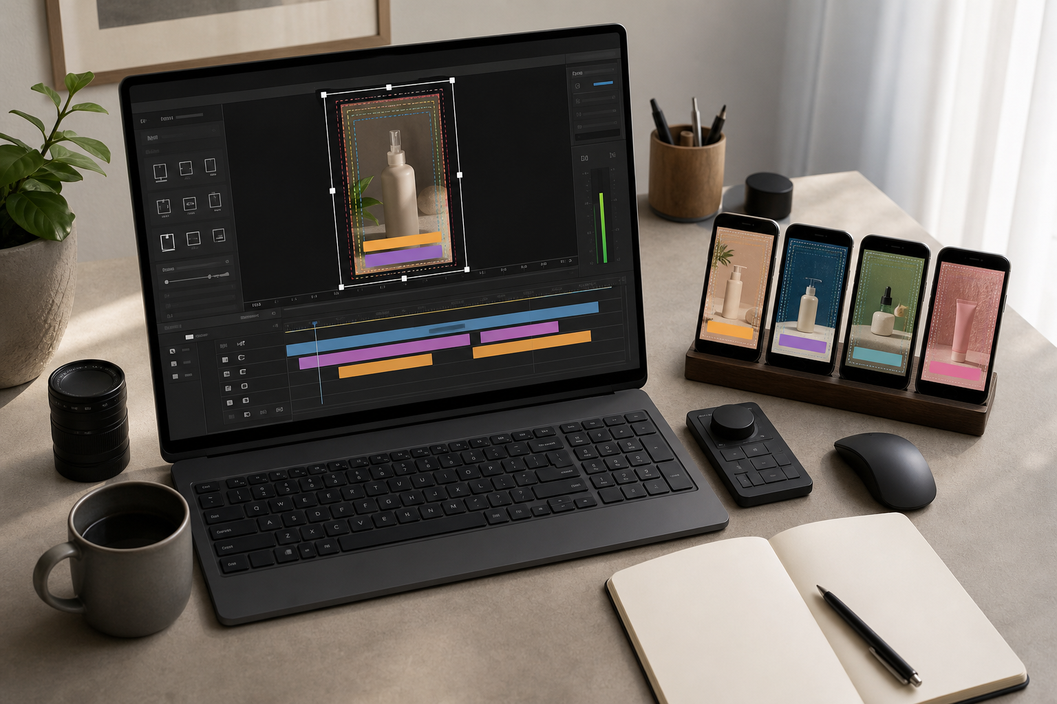 Editor desk with a video timeline, subtitle track, crop handles, and mobile preview screens