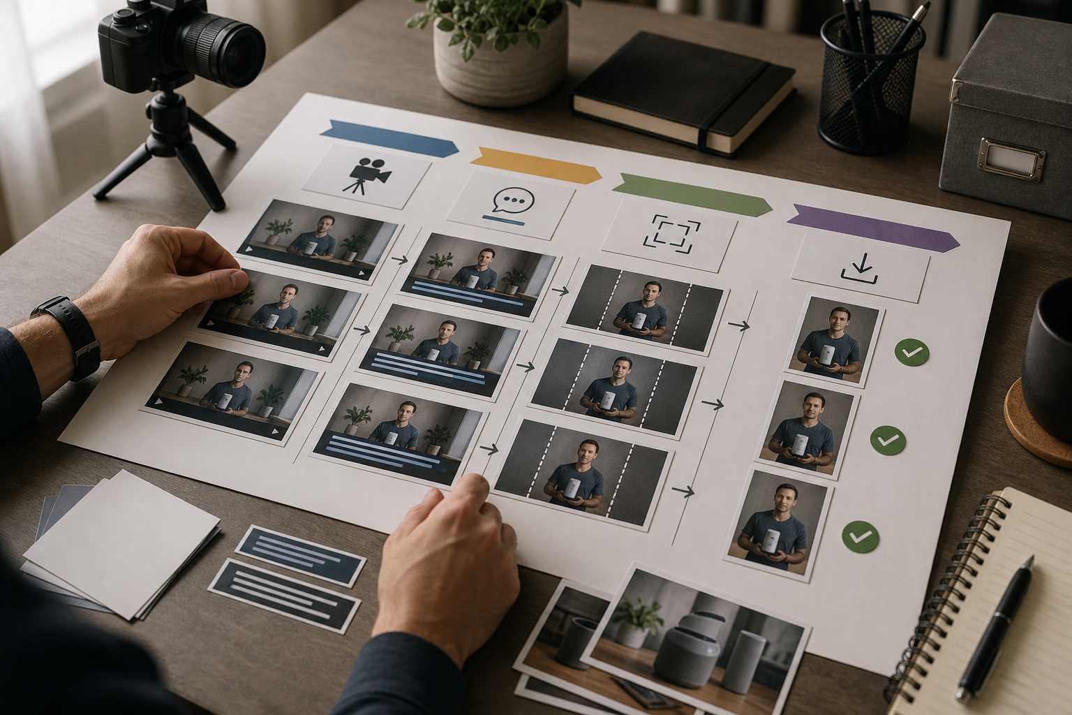 Video editing workflow board with stages for recording, subtitles, crop review, and export