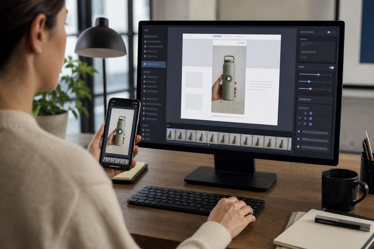 Content editor checking vertical demo clips on desktop and mobile screens before publishing