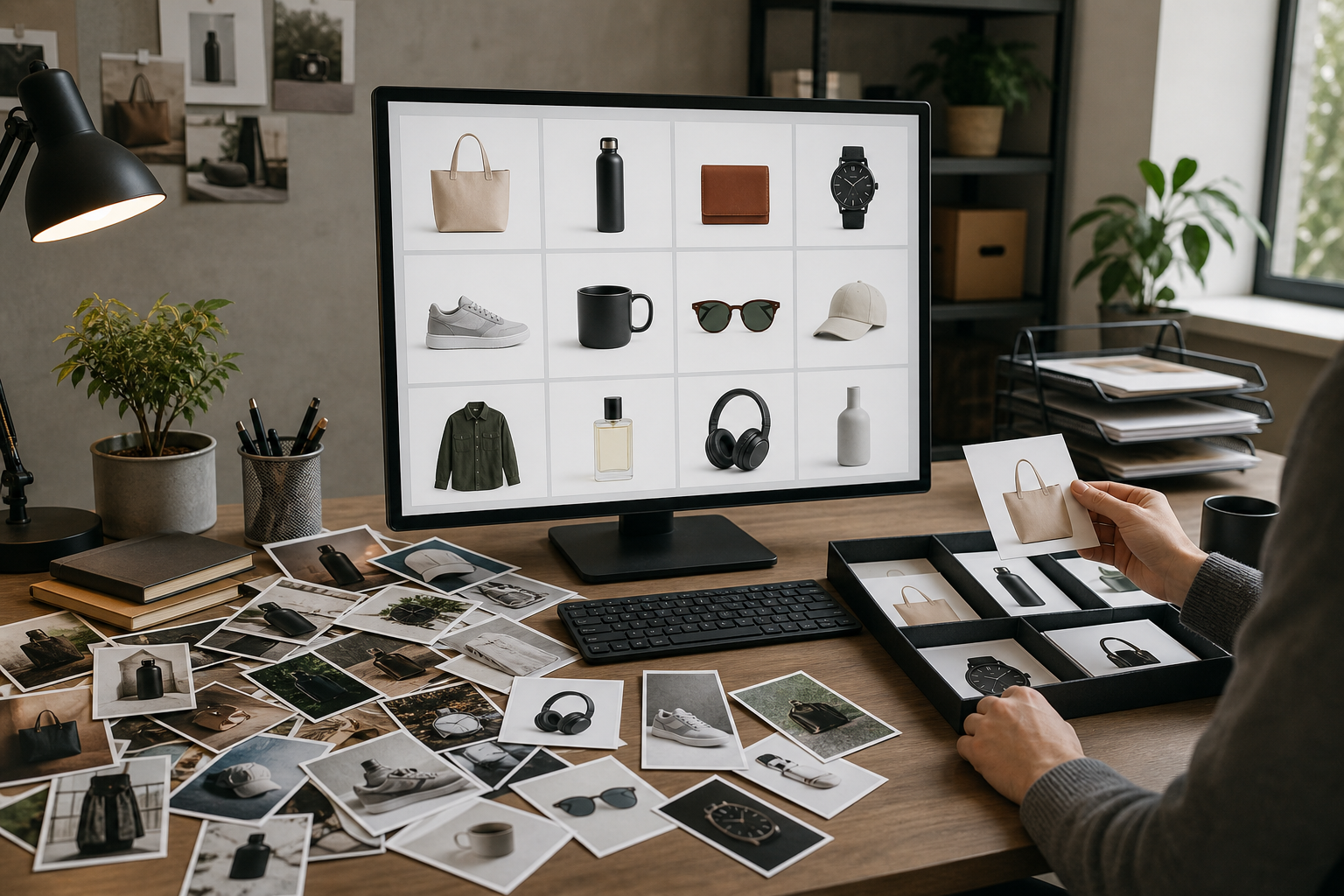 Messy supplier product images being organized into clean catalog-ready sheets