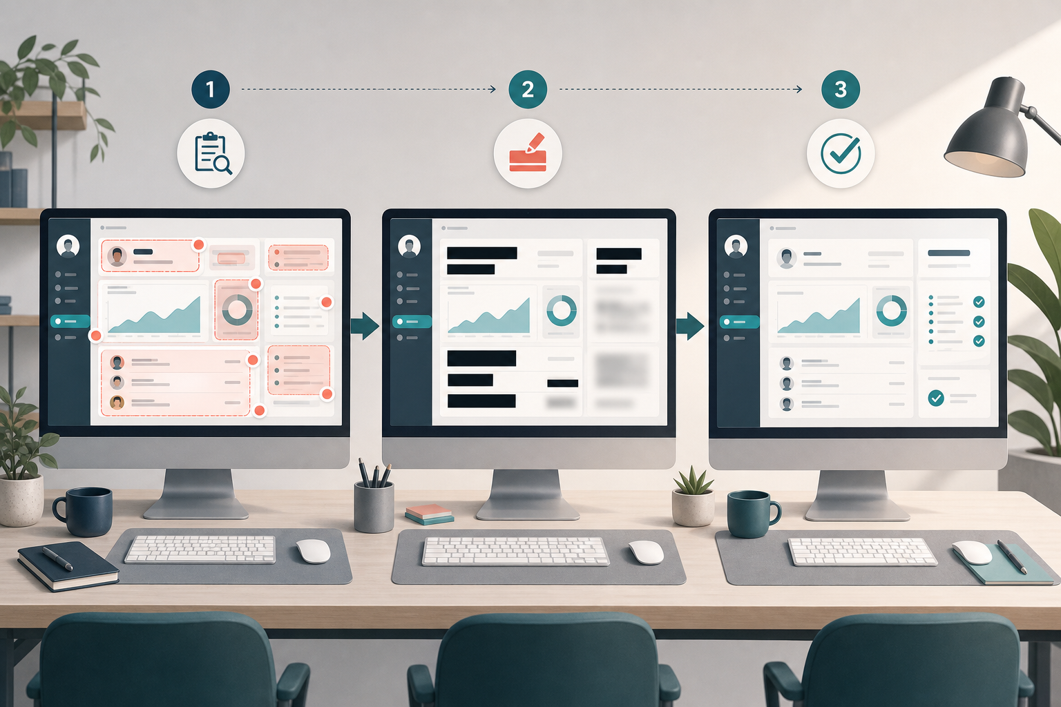 A staged screenshot cleanup workflow showing inventory, redaction, and final review