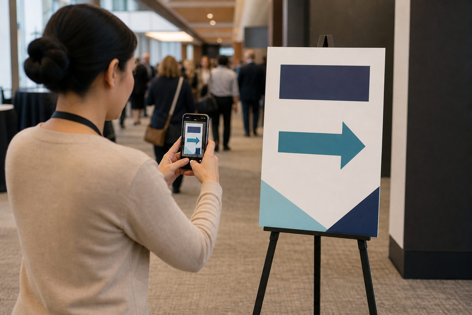 Event staff member photographing a temporary directional sign from a straight angle in a busy hallway