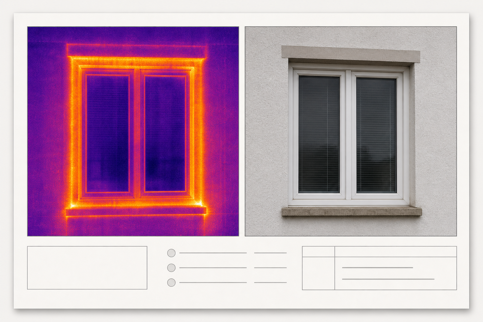 Structured building inspection panel containing a thermal image and matching visible-light reference
