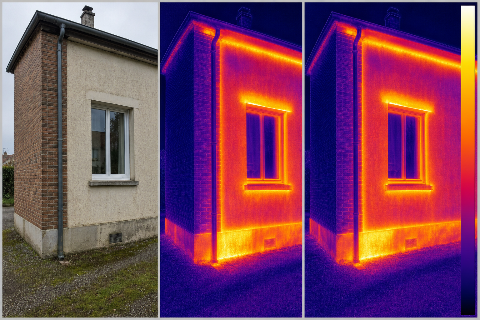 Comparison of thermal building images showing subject context, heat pattern, and temperature scale