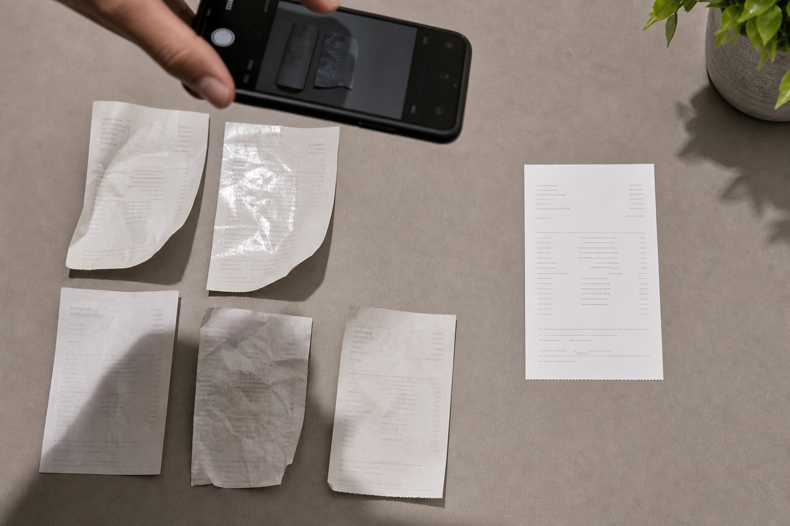 Comparison-style workspace scene showing faded thermal receipts, glare, shadows, and a phone capture setup