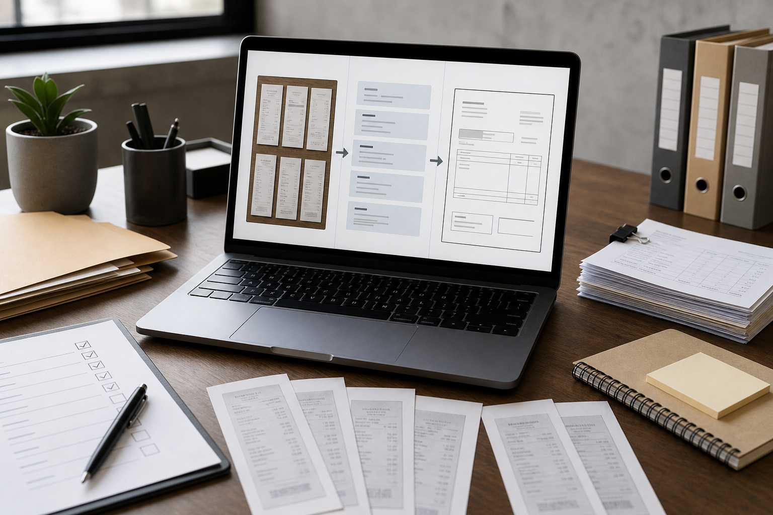 Organized expense audit packet with cleaned receipt images, OCR notes, and a merged PDF layout on a laptop