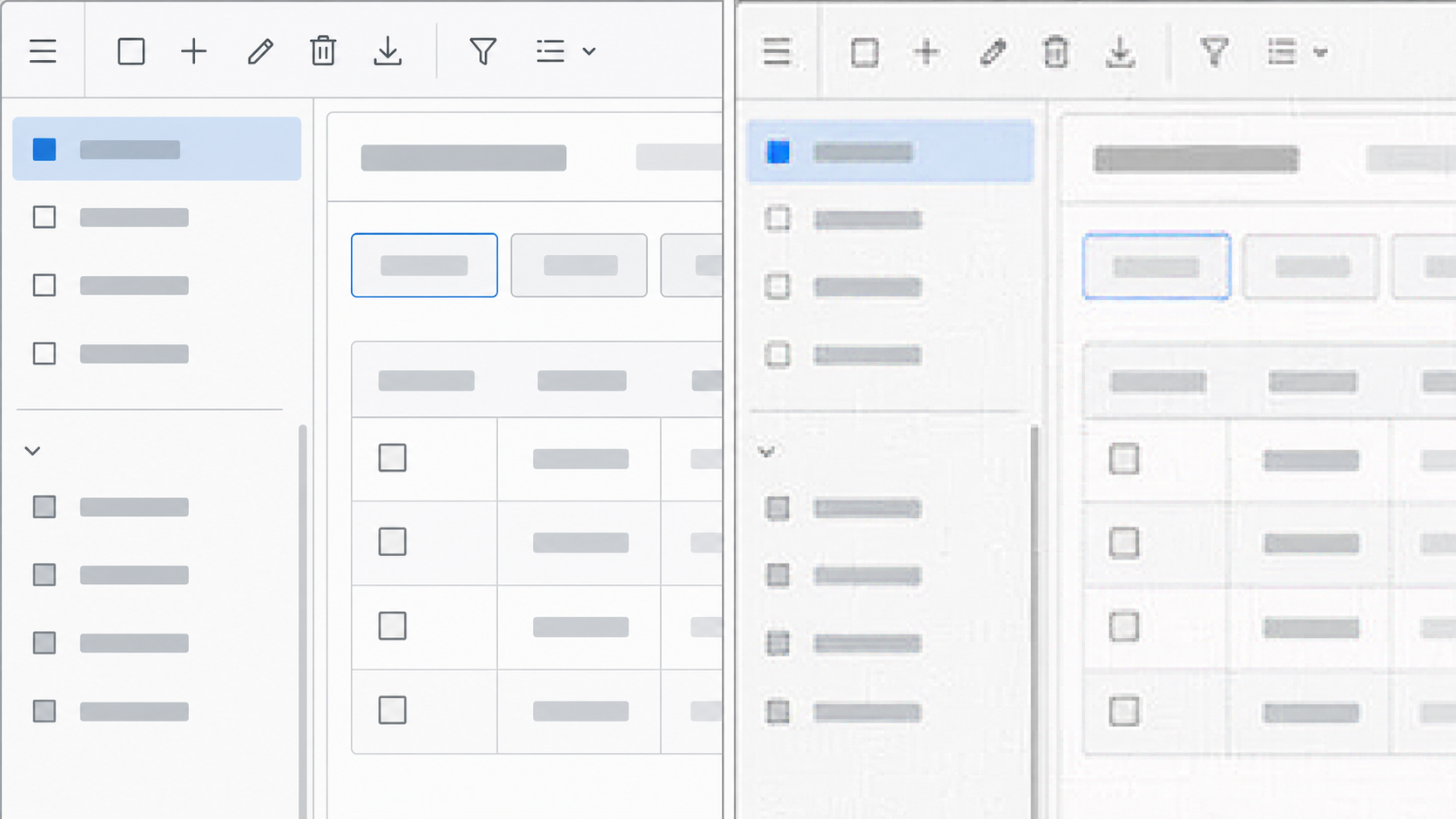 Close-up comparison of a software screenshot before and after excessive compression showing damaged thin lines and blurry icons
