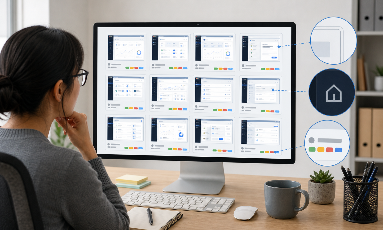 Documentation editor checking a grid of optimized screenshots with quality markers and file size notes