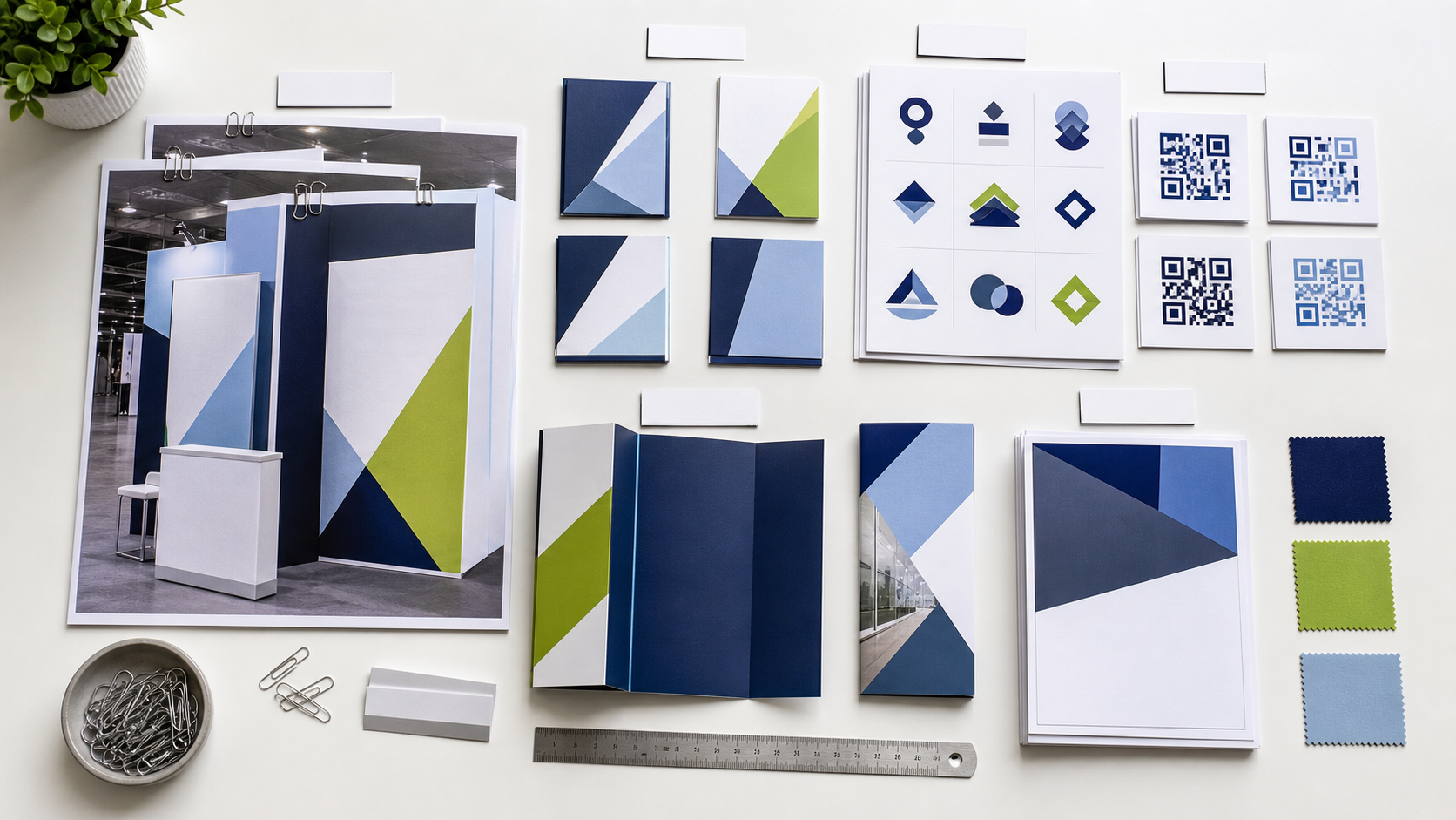 Organized trade show print assets grouped into panels signs logos and handouts