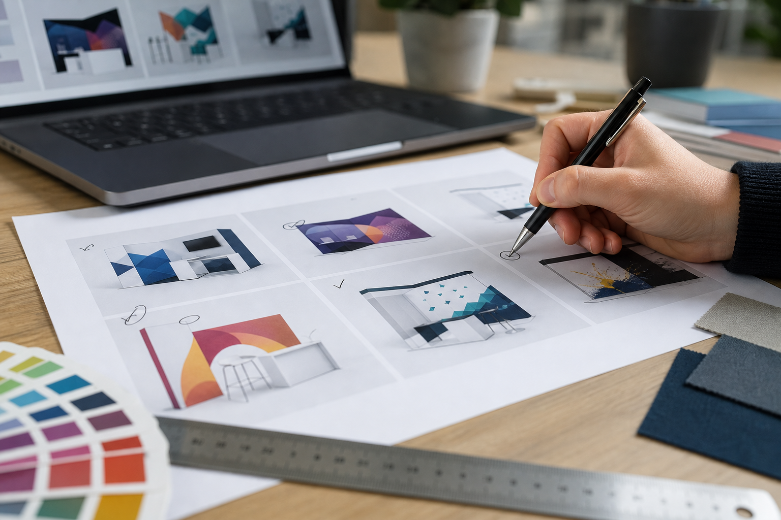 Marketing reviewer checking a printed booth graphic proof sheet with a pen and laptop nearby