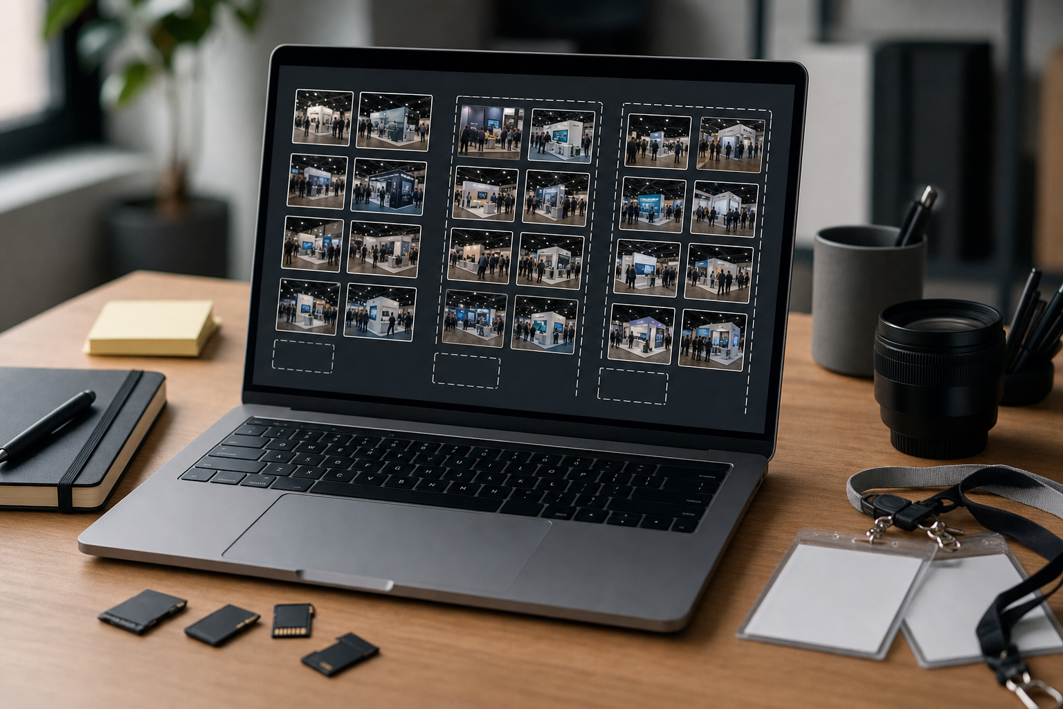 A laptop screen with event photos arranged into review groups beside camera cards and a notebook