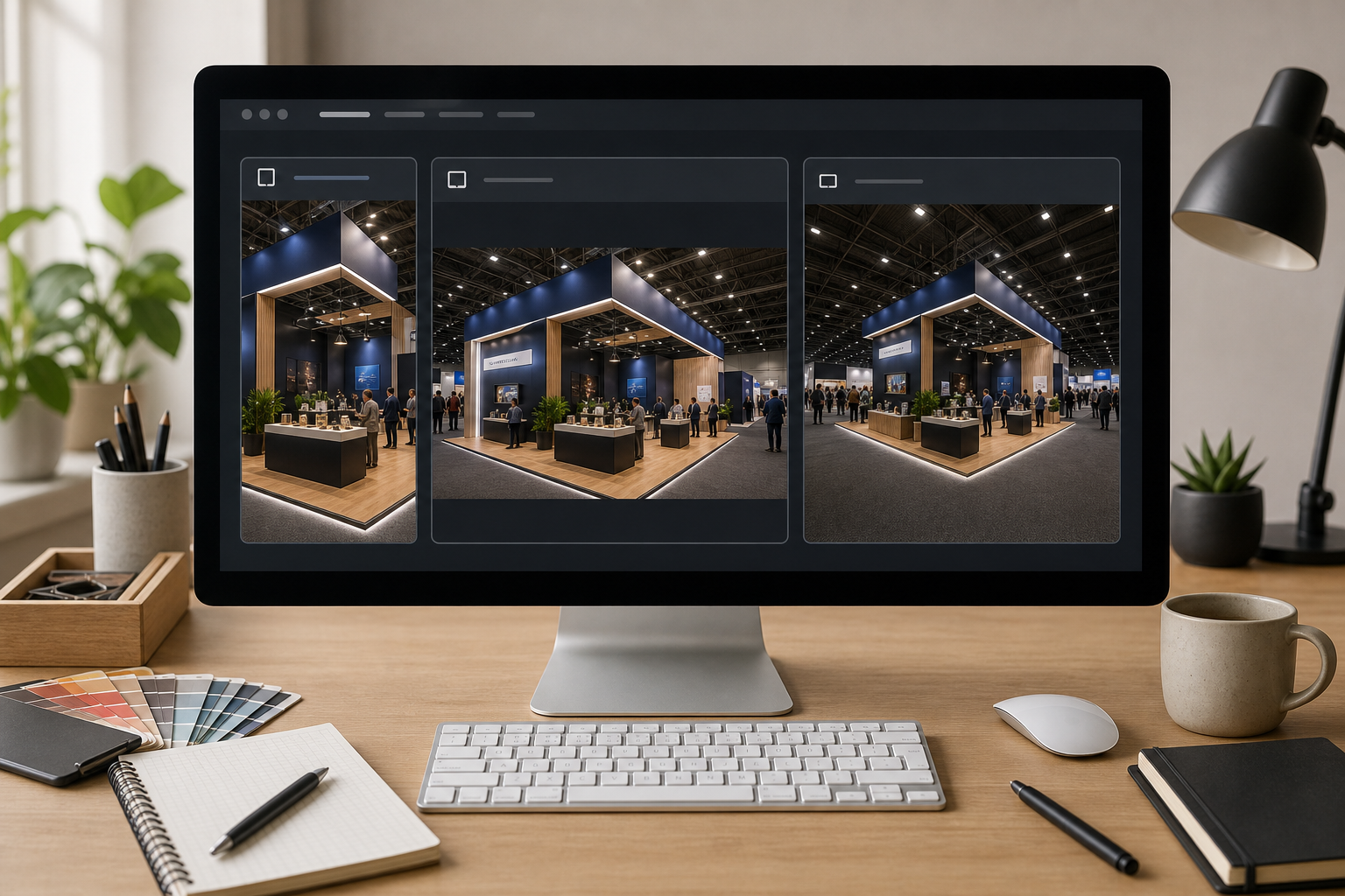 Three versions of the same trade show booth photo prepared for web, sales, and archive use