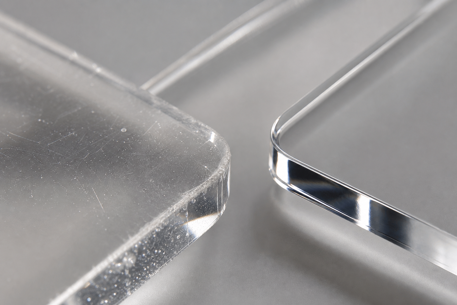 Close-up comparison style scene showing clear acrylic edges with glare, dust, and clean polished contours