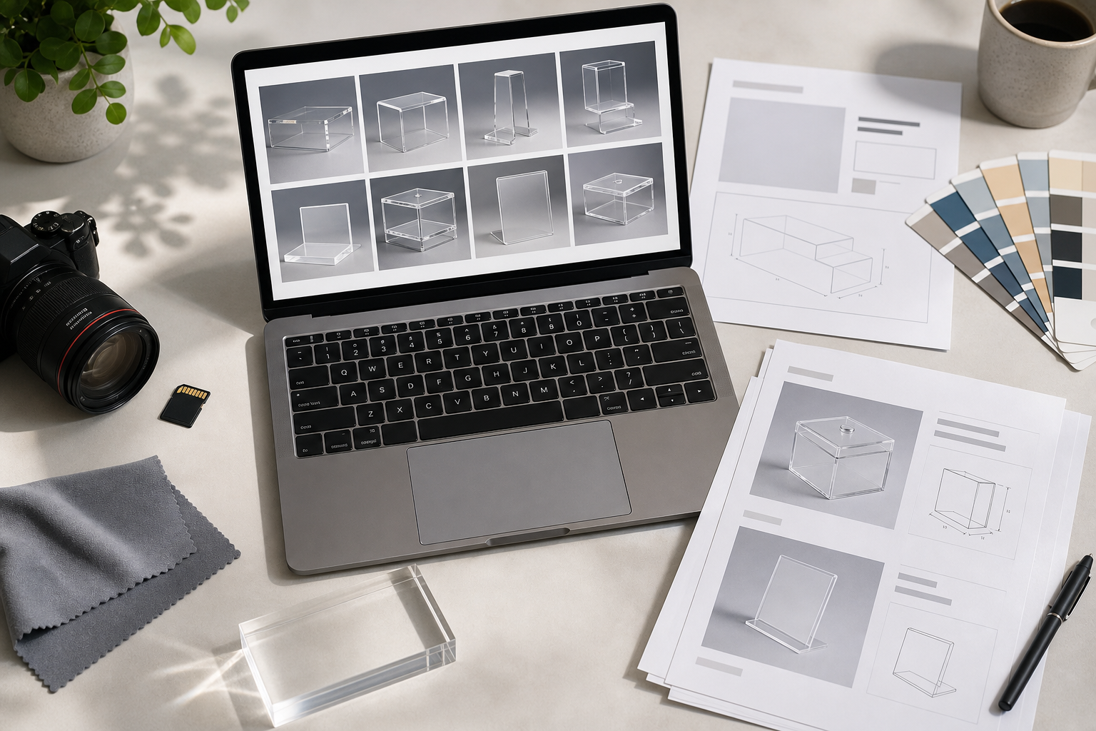 Organized desk scene with transparent product images prepared for web listings and PDF spec sheets