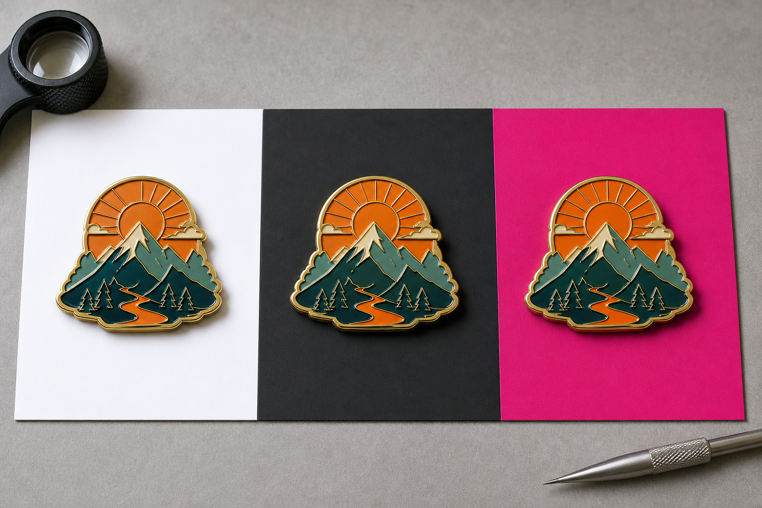 Transparent enamel pin image being inspected on white, dark gray, and saturated color backgrounds