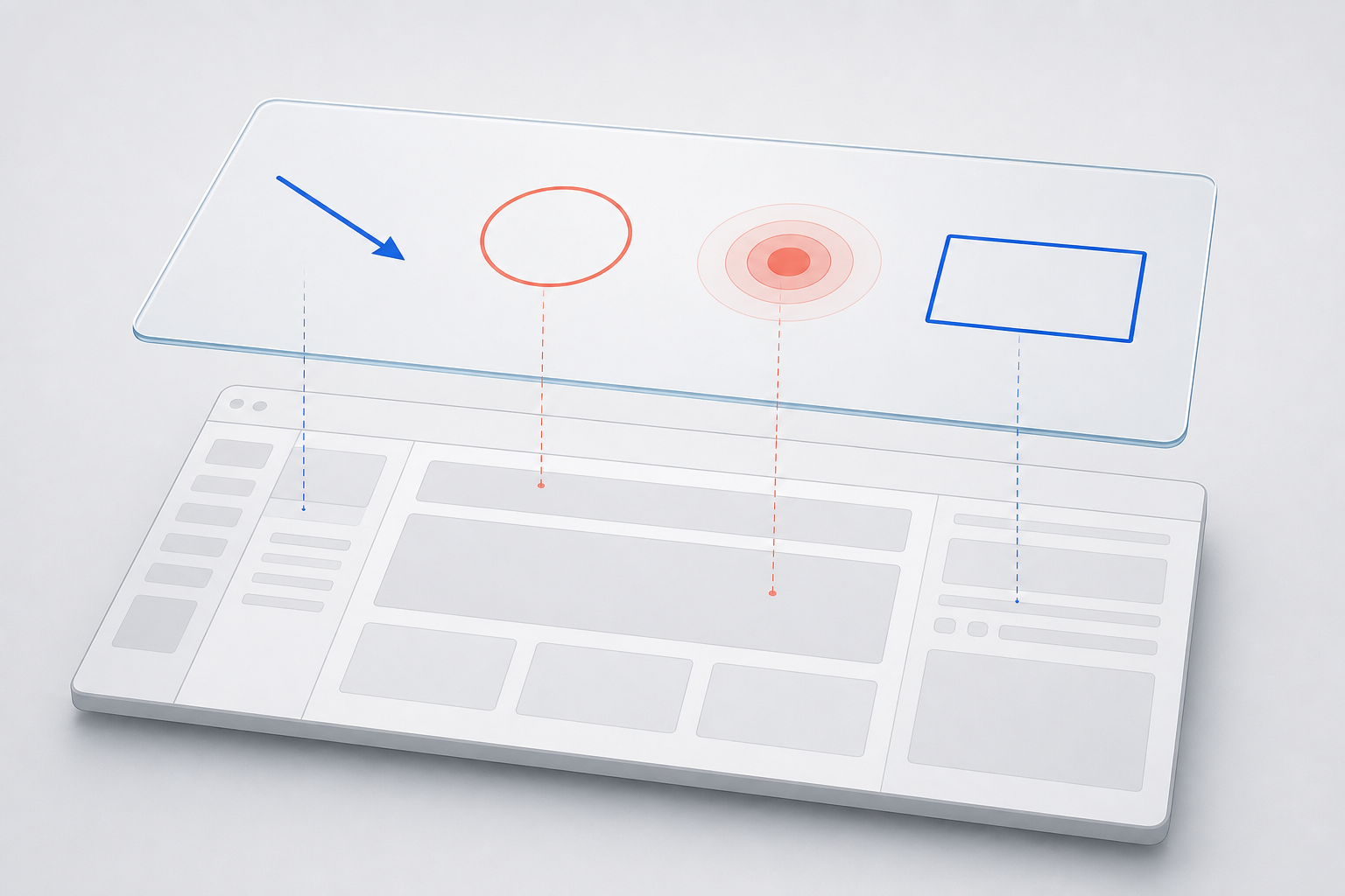 Exploded view of a software screenshot with callout shapes separated into a transparent overlay layer