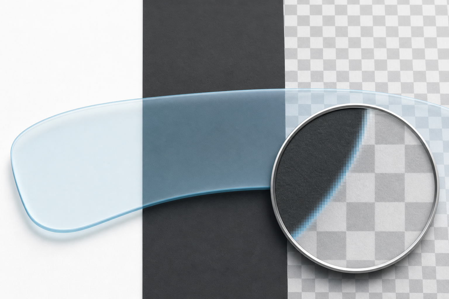 Transparent overlay edge being inspected against light, dark, and checkerboard backgrounds