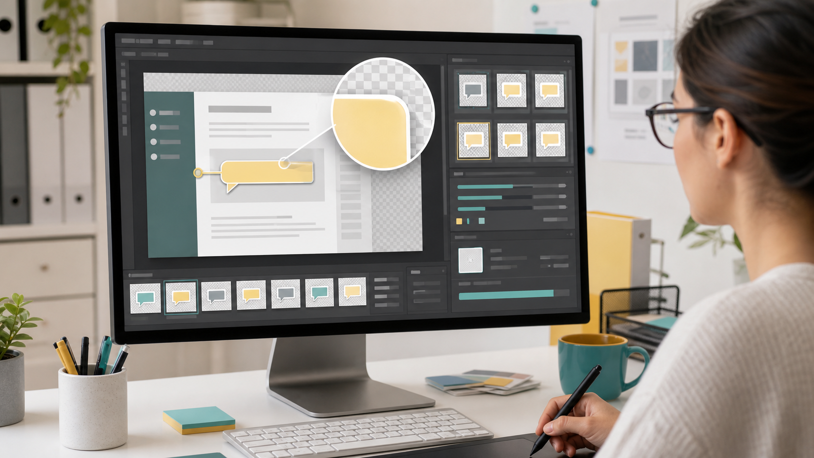 Designer checking transparent overlay edge quality and file size before publishing documentation assets